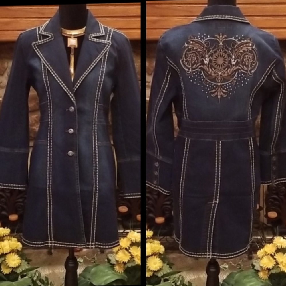 Midnight Velvet Denim Long Jacket - Picture 1 of 14